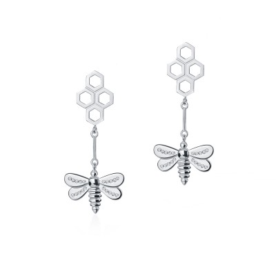 Honey Bee Drop Earrings, 18K White Gold 