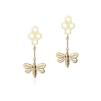 Honey Bee Drop Earrings, Yellow Gold Plated 925° Sterling Silver 