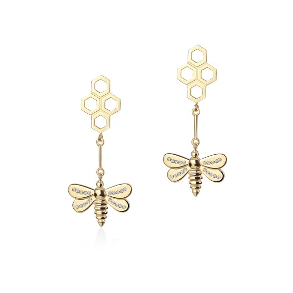 Honey Bee Drop Earrings, 14K Yellow Gold  