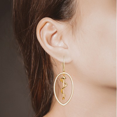 Rod of Asclepius Drop Earrings, 14K Yellow Gold