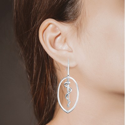 Rod of Asclepius Drop Earrings, 18K White Gold