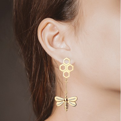 Honey Bee Drop Earrings, Yellow Gold Plated 925° Sterling Silver 