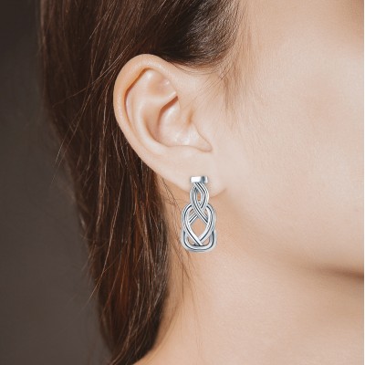 Knot of Hercules Drop Earrings, 14K White Gold, Oxidized Finish