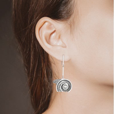 Spiral of Life Double Drop Earrings, 18K White Gold, Oxidized Finish