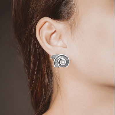 Spiral of Life Stud Earrings, 14K White Gold, Oxidized Finish