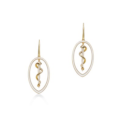 Rod of Asclepius Drop Earrings, Yellow Gold Plated 925° Sterling Silver 