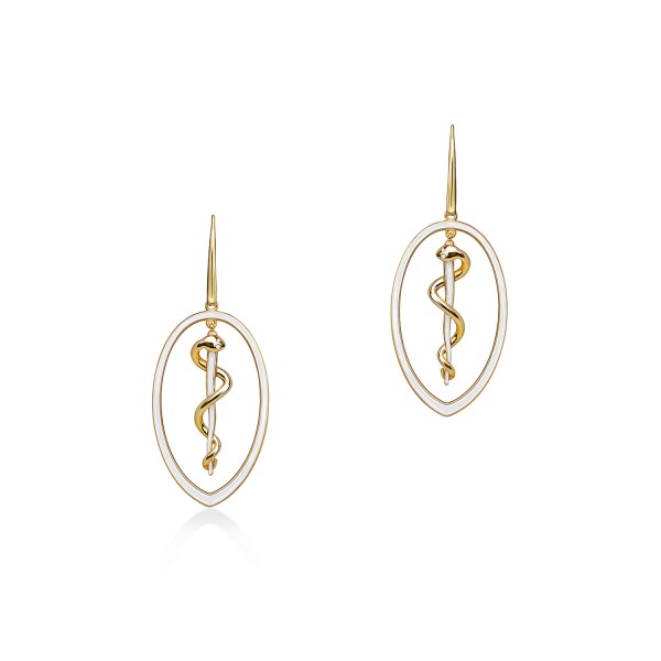 Rod of Asclepius Drop Earrings, 18K Yellow Gold