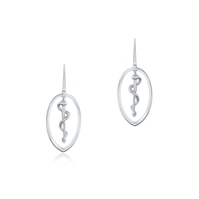 Rod of Asclepius Drop Earrings, 14K White Gold