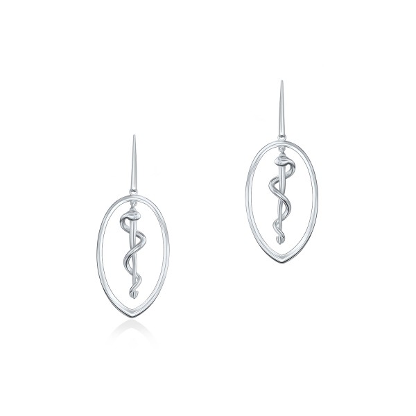 Rod of Asclepius Drop Earrings, 18K White Gold