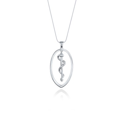 Rod of Asclepius Pendant, 14K White Gold