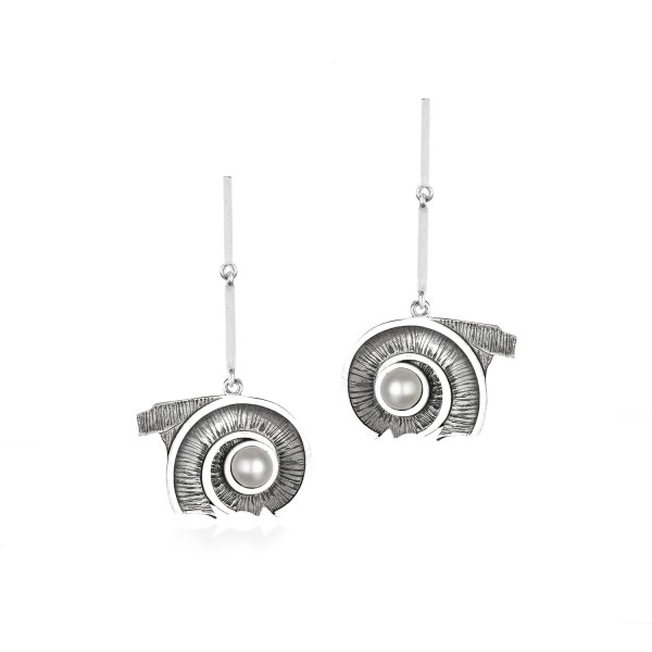 Spiral of Life Double Drop Earrings, 18K White Gold, Oxidized Finish