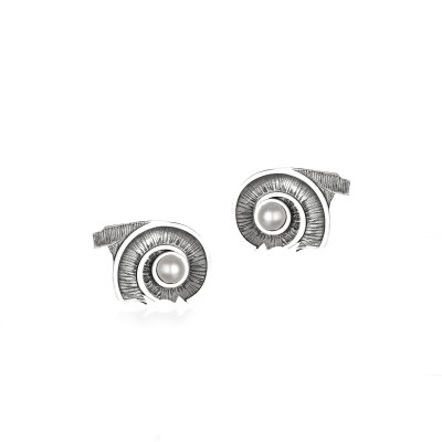 Spiral of Life Stud Earrings, 14K White Gold, Oxidized Finish